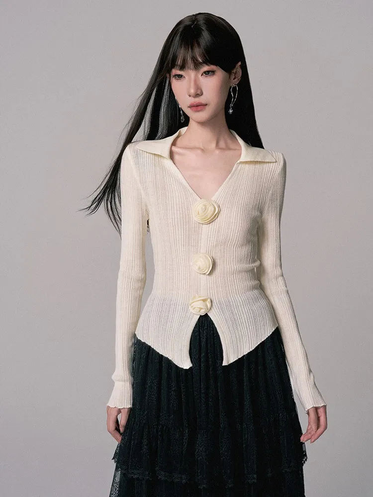 Flower Corsage V-Neck Bi-Color Knit Cardigan