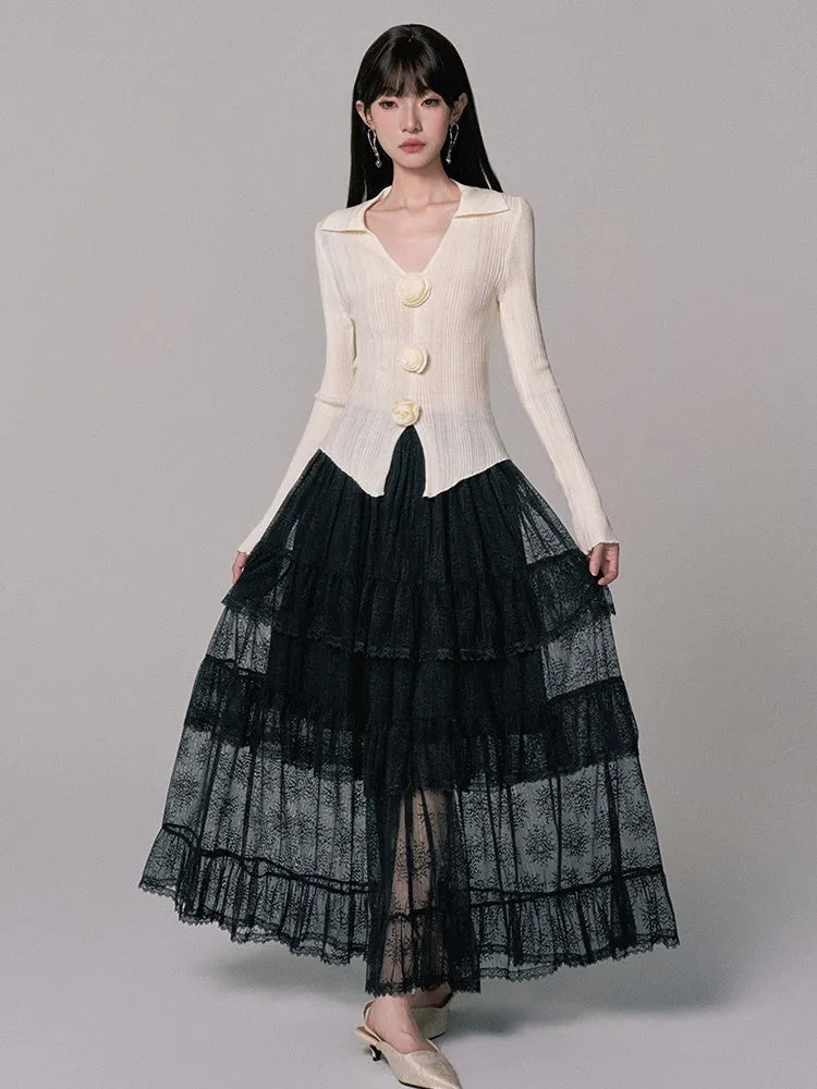 Flower Corsage V-Neck Bi-Color Knit Cardigan
