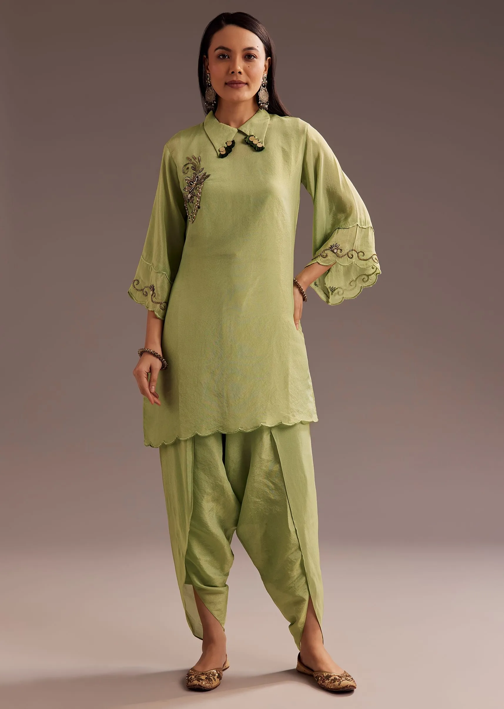 Light Green Zardosi Kurta With Embroidered Dupatta Belt