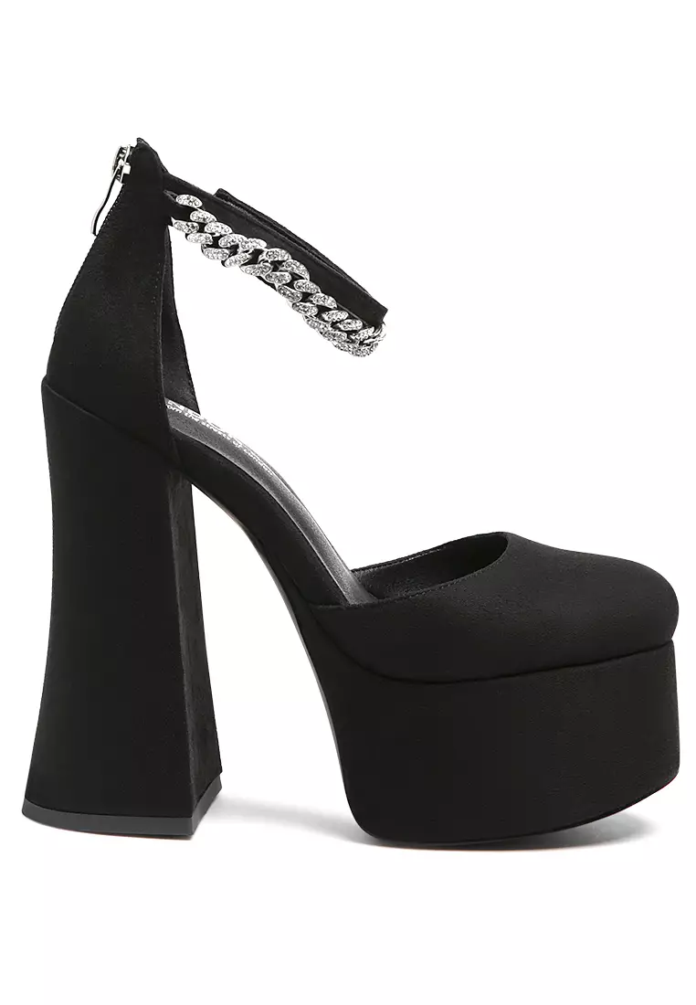 London Rag Block Platform Sandal with Metal Chain in Black