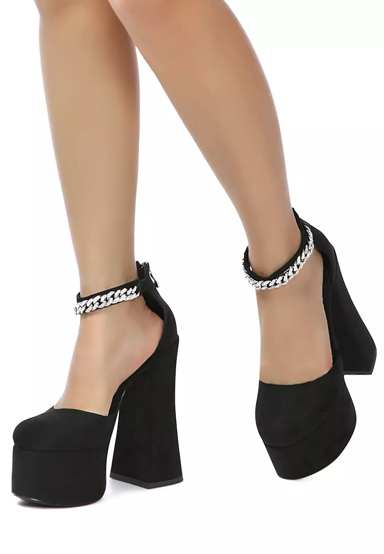 London Rag Block Platform Sandal with Metal Chain in Black
