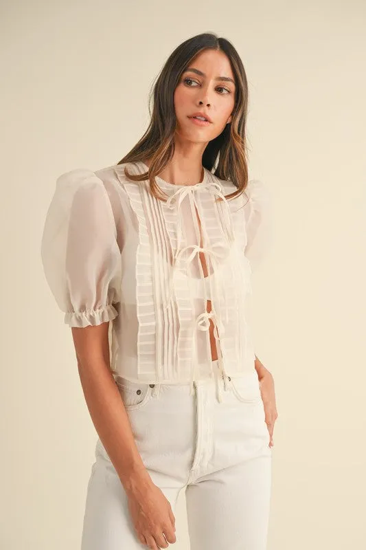 Organza Puff Sleeve Pleated Front Tie Blouse