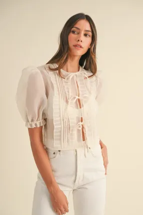 Organza Puff Sleeve Pleated Front Tie Blouse