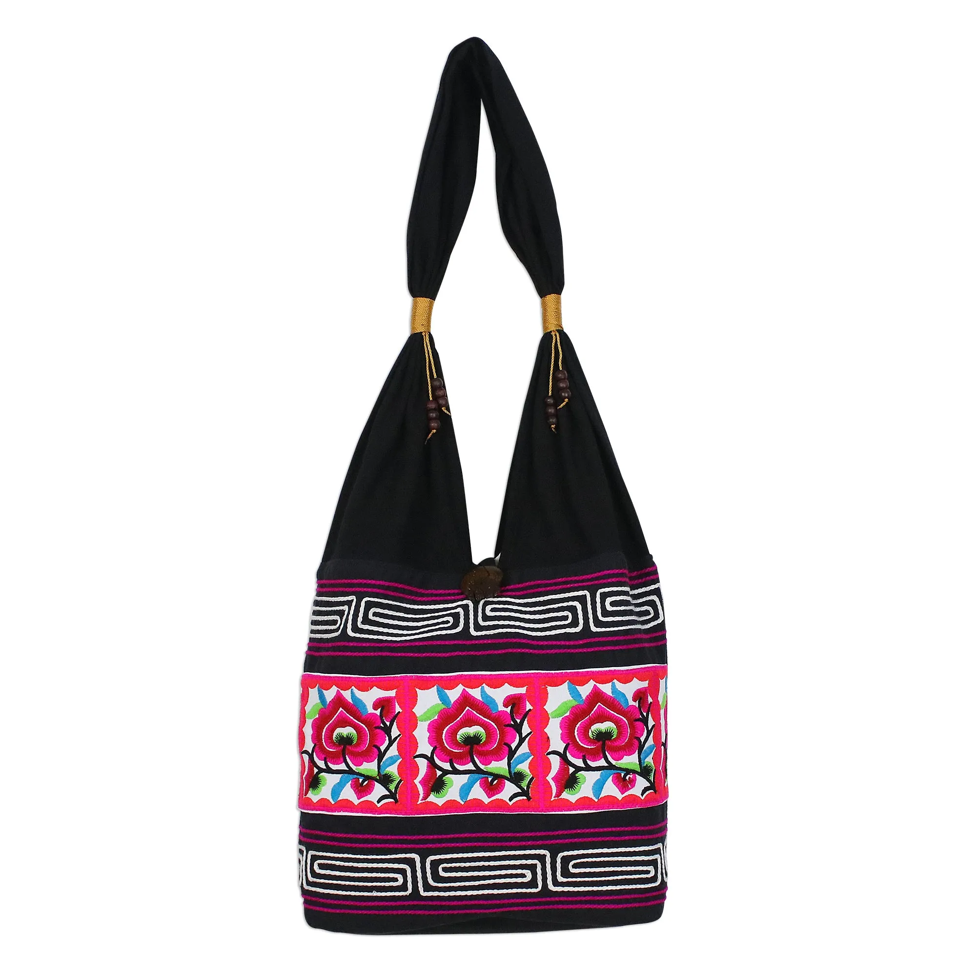 Thai Flora Pink Floral Cotton Blend Shoulder Bag from Thailand