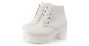 White Lace Up Ankle Platforms Block Heels Sole Boots