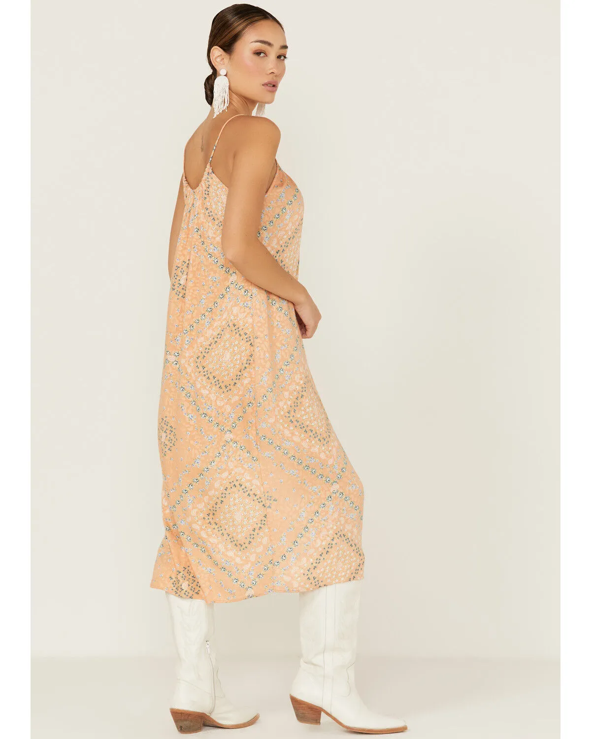 Wild Moss Women's Satin Printed Keyhole Slip Midi Dress